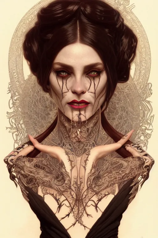 Image similar to portrait of a satanic witch, tattooed face, upper body, decorated, intricate, elegant, highly detailed, digital painting, artstation, concept art, smooth, sharp focus, illustration, art by artgerm and greg rutkowski and alphonse mucha, 8 k