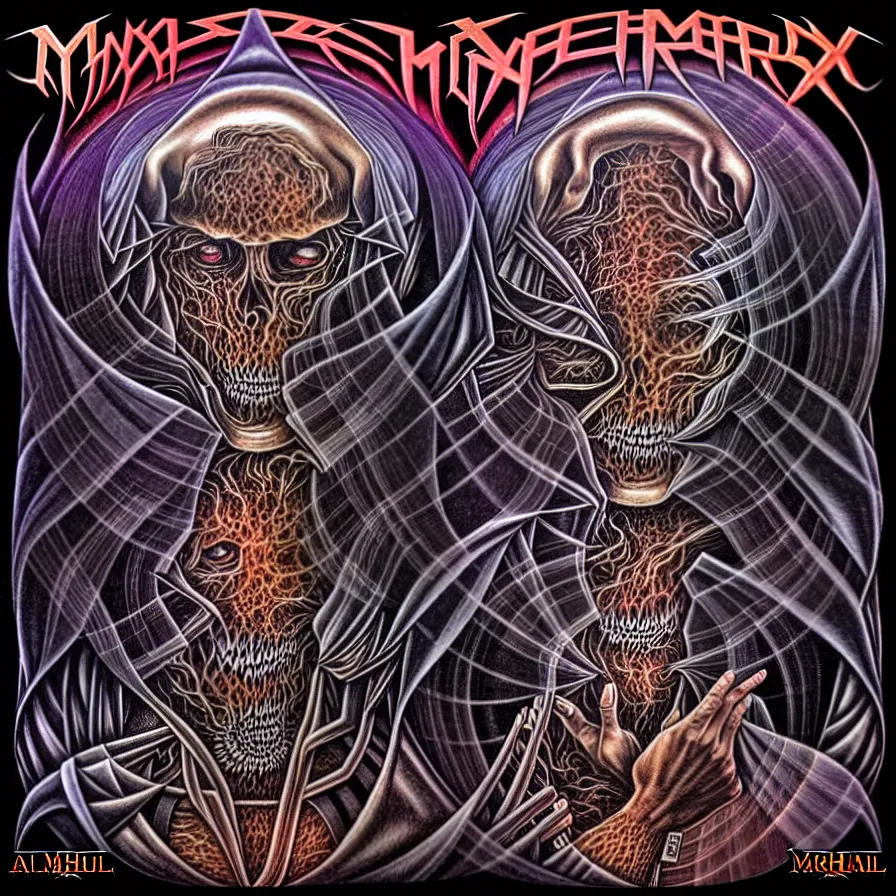 Prompt: metal album cover art by axel hermann, alex grey and andreas marschall