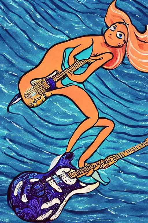 Image similar to illustration of a mermaid playing an stratocaster electric guitar, surf art