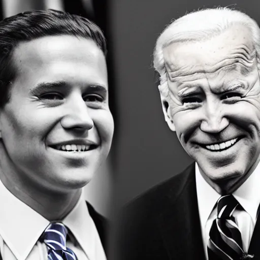 Image similar to A photo of joe biden teams up with a teenage joe biden, perfect faces, 50 mm, award winning photography