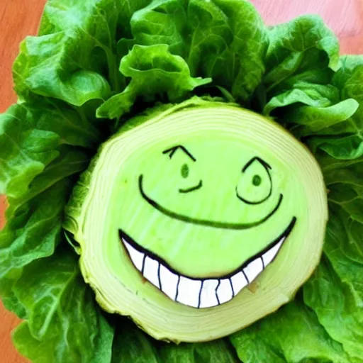 Prompt: lettuce with a trollface face