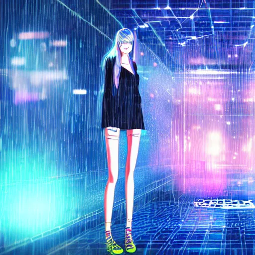 Image similar to hyperdetailed digital beautiful girl wearing a short skirt in the rain interacting with a holographic interface on a wall in a future cyber punk style city trending on art station