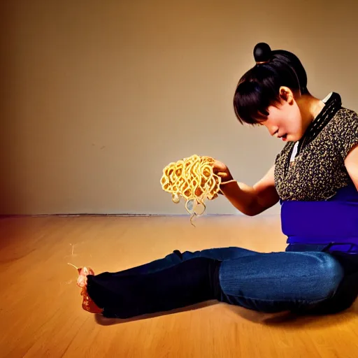 Prompt: Award winning photograph of Chun Li sitting on the floor eating ramen noodles