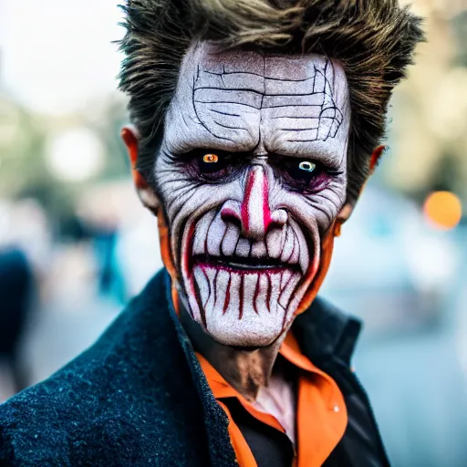 Image similar to willem dafoe trick or treating on halloween, ( sony a 7 r iv, symmetric balance, polarizing filter, photolab, lightroom, 4 k, dolby vision, photography awardm, voque, perfect face )