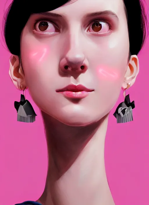 Image similar to portrait of high school girl, realistic, black hair, bangs, half updo hairstyle, pointy nose, skinny, smile, ugly, defined jawline, big chin, pink hair bow, earrings, intricate, elegant, glowing lights, highly detailed, digital painting, artstation, sharp focus, illustration, art by wlop, mars ravelo and greg rutkowski