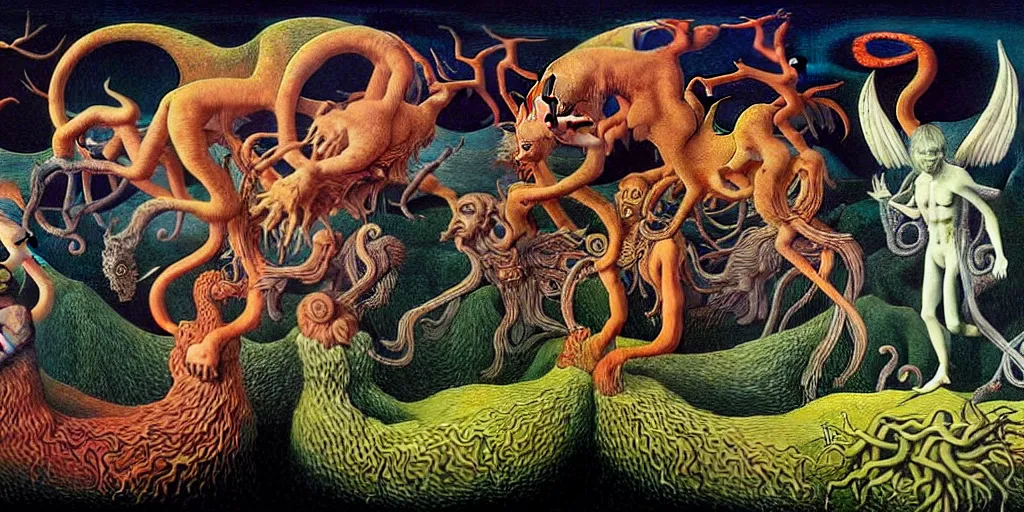 Image similar to mythical creatures and monsters in the visceral heart imaginal realm of the collective unconscious, in a dark surreal painting by johfra, mc escher and ronny khalil