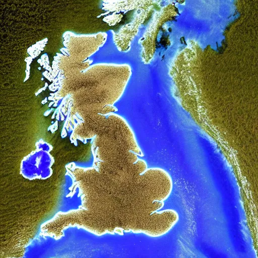 Image similar to map of the uk from space after climate change has destroyed the planet