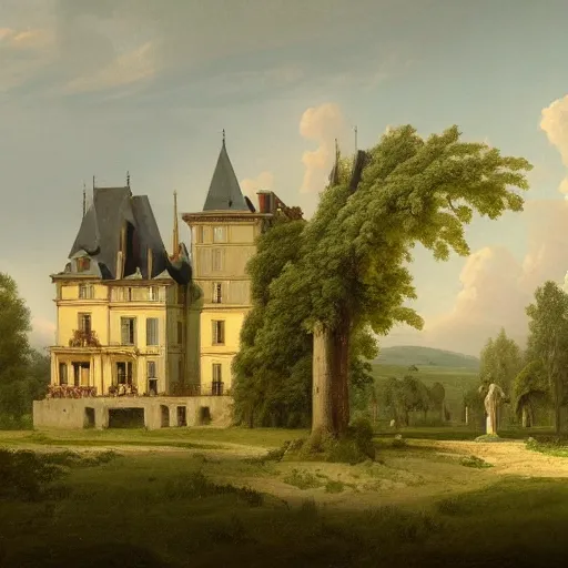 Image similar to a large serene beautiful matte painting of a delapitaded quaint french country castle in a state of disrepair, covered in vines, by asher brown durand and george ault featured on artstation