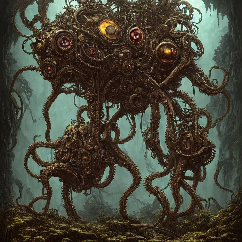 Prompt: biomechanical steampunk creature with robotic parts and big octopus head and (glowing) eyes guarding an ancient cave entrance with lush vegetation in a mystic forest, gothic and baroque, brutalist architecture, ultradetailed, creepy ambiance, fog, artgerm, giger, Intricate by Ellen Jewett and Josan Gonzalez and Giuseppe Arcimboldo