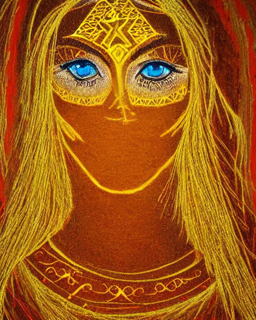 Image similar to sand painting portrait of woman in shining golden armor, high production value, intricate details, high resolution, hdr, high definition, masterpiece, realistic, ultrarealistic, highly detailed, hd, sharp focus, non blurry, sharp, smooth