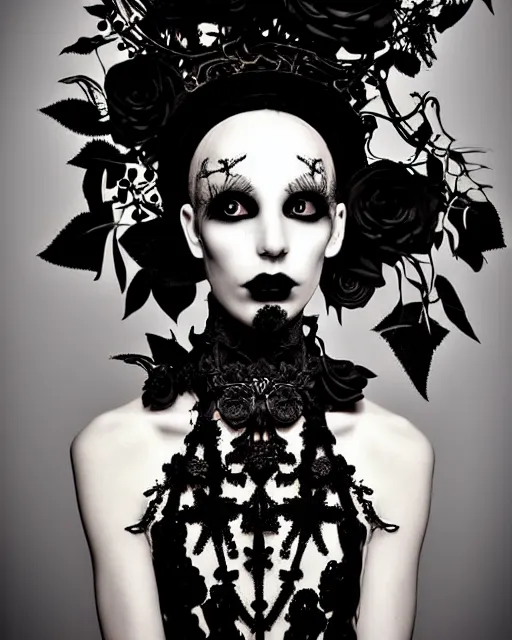 Prompt: surreal dark poetic black and white photo portrait of complex bio-mechanical beautiful young silver female-vegetal-cyborg with a fur metal fine lace face, a very long neck and a fine metal floral foliage super big gothic lace collar and very high big floral crown with many black dry roses by Vivienne Westwood:: smoke, high fashion, haute couture, rococo, avant-garde, silver filigree details, anatomical, facial muscles, cable wires, microchip, elegant, dreamy, foggy atmosphere, hyper realistic, 150 mm lens, soft rim light, octane render, unreal engine, picture was taken in 1910 by Man Ray, volumetric lighting, dramatic light,8k,