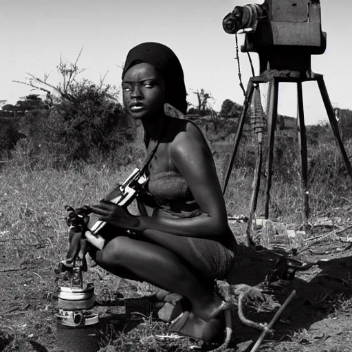 Image similar to photo of beautiful African woman inspecting laser gun, tools and junk on the ground,wires with lights, old village in the distance, vintage old photo, black and white, sepia