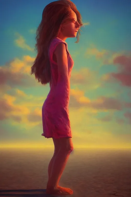 Prompt: closeup huge dahlia flower head, girl standing on beach, surreal photography, blue sky, sunrise, dramatic light, impressionist painting, digital painting, artstation, simon stalenhag