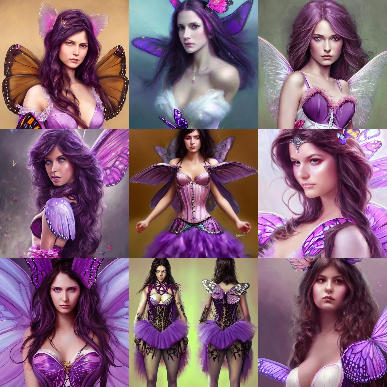 Prompt: brunette woman with long hair, butterfly wings, wearing a purple corset and pink tutu, centered, fantasy, highly detailed, digital painting, trending on artstation, concept art, sharp focus, illustration, art by artgerm and greg rutkowski and magali villeneuve