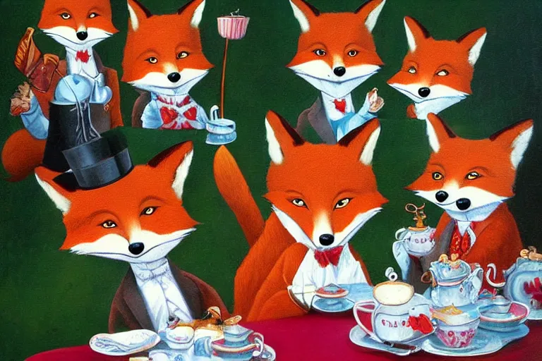 Image similar to anthropomorphic foxes wearing monocles and top hats at a tea party, style of kitsch art painting