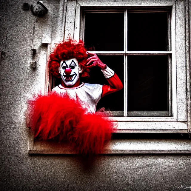 Prompt: scary clown looking through your window, highly detailed, 8 k, hdr, smooth, sharp focus, high resolution, award - winning photo