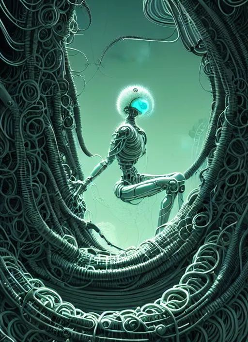 Image similar to highly detailed portrait of a biopunk long curly white hair tribal lady, stray wiring by atey ghailan, james gilleard, by joe fenton, by greg rutkowski, by greg tocchini, by kaethe butcher, 4 k resolution, gradient green, black and white color scheme!!! ( ( irradiated robotic spiral rocky landscape background ) )