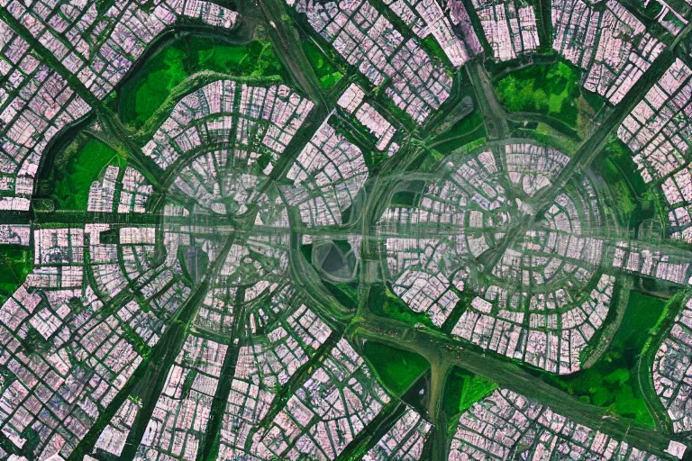 Image similar to satellite photography of a city with a square green park in the middle.