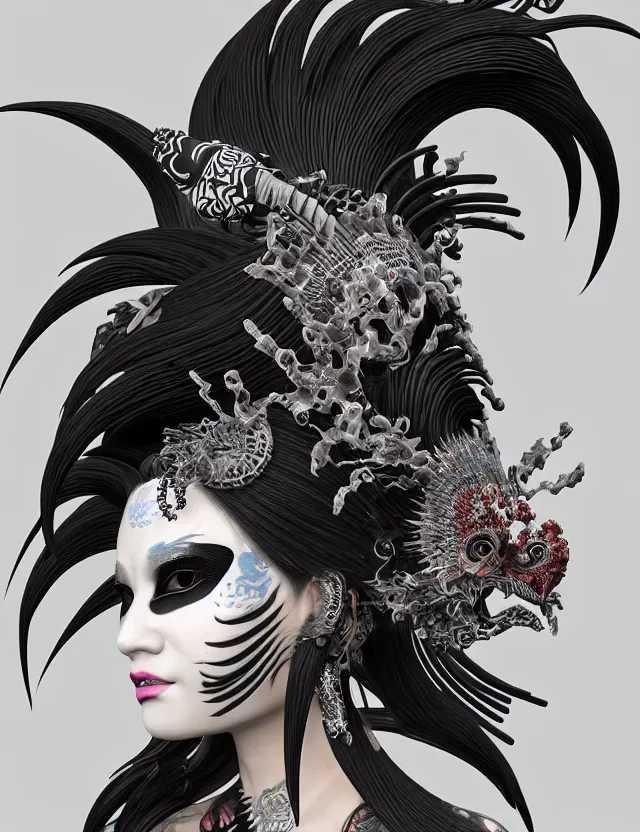 Image similar to 3 d goddess close - up profile portrait punk with mohawk with ram skull. beautiful intricately detailed japanese crow kitsune mask and clasical japanese kimono. betta fish, jellyfish phoenix, bio luminescent, plasma, ice, water, wind, creature, artwork by tooth wu and wlop and beeple and greg rutkowski