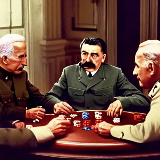 Prompt: UHD candid color photo of Joseph Stalin playing poker with Joe Biden and Hitler, accurate faces, UHD, photorealistic, correct face, photo by Annie Leibowitz