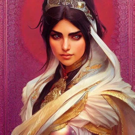 Image similar to persian princess, D&D, painted fantasy character portrait, highly detailed, digital painting, artstation, concept art, sharp focus, illustration, art by artgerm and greg rutkowski and alphonse mucha