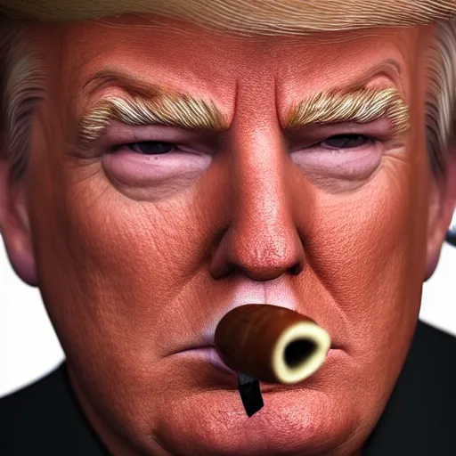 Image similar to a high quality photo of donald trump smoking a cigar, 3d scene, render, ultra realistic, artstation, cgsociety