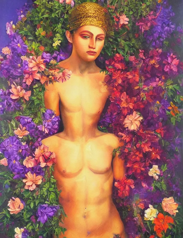 Prompt: androgynous deity of light and flowers. this oil painting by the beloved art noveau painter has interesting color contrasts, plenty of details and impeccable lighting.