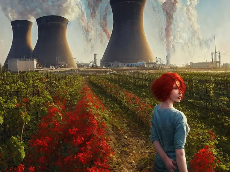 Image similar to red hair girl, chernobyl powerplant!!!, rubble, ruins!!, flowers, vines, hyperrealistic, highly detailed, cinematic, single ray of golden sunlight, beautiful, cgssociety, artstation, 8 k, oil painting by greg rutkowski, by artgerm, by wlop