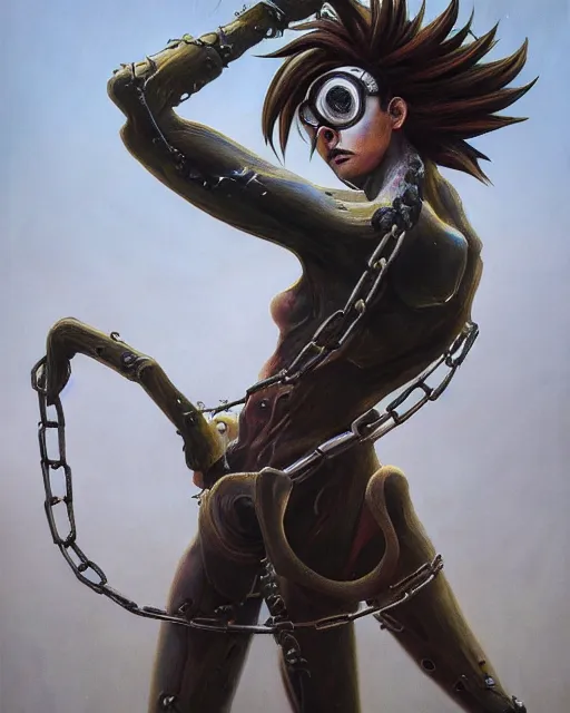 Prompt: full body horror painting of tracer from overwatch, in style of zdzisław beksinski, horror, 4 k, feminine facial features, black armor, detailed face, tall, ropes and chains,