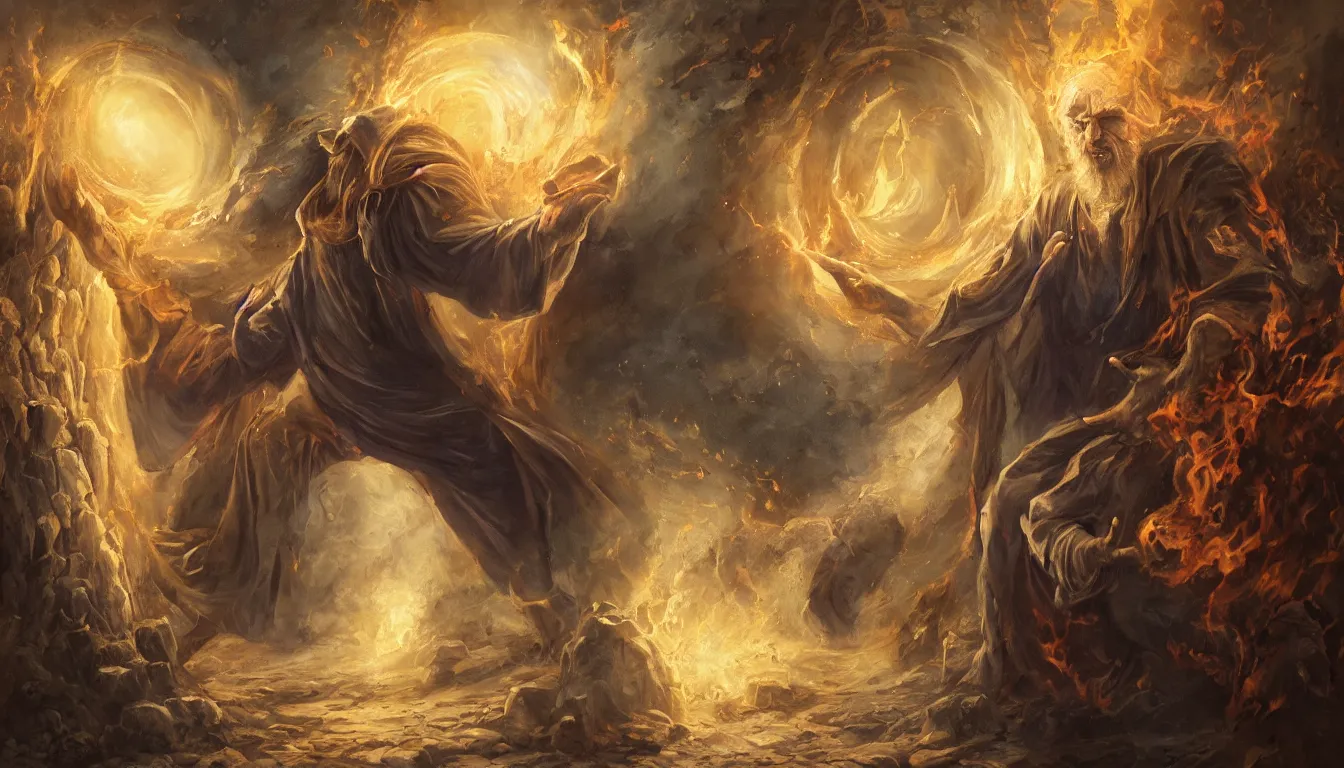 Image similar to Beautiful painting of an old wizard opening a portal to Hell, 4k