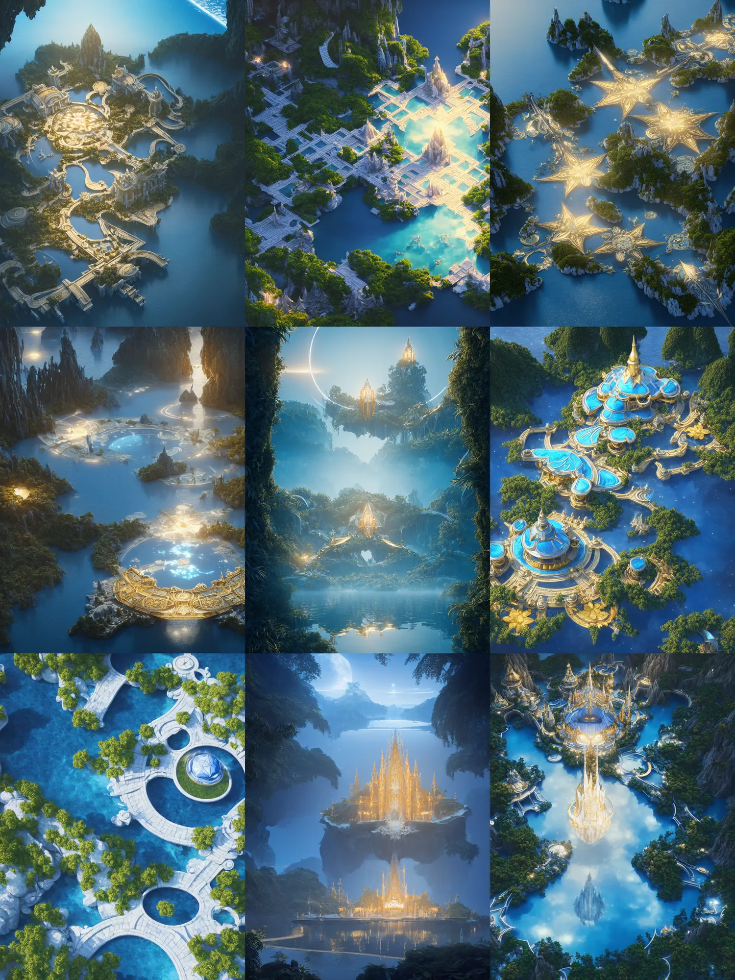 Image similar to a gorgeous symmetrical paradise palace, starlit, lakes, fantasy, fairy tale, artstation, matte painting, artstation, octane render, caleb worcester, samuel beal. ultra clear detailed. white, deep blue and light gold color scheme.