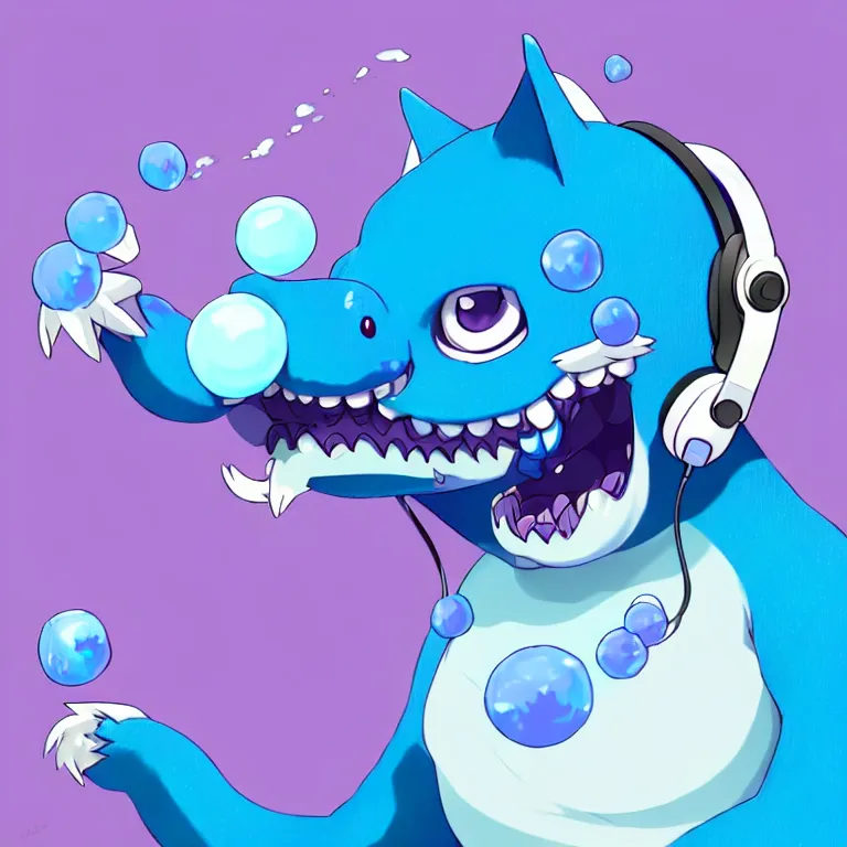 Image similar to a chubby anthropomorphic male blue dragon fursona chewing blue bubble gum, headphones on his head, cute, furry, beautiful, soft colors, oil on canvas, soft lighting