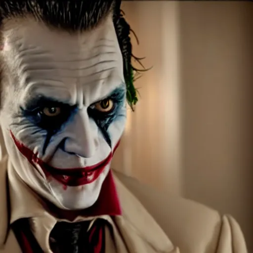 Image similar to awe inspiring Johnny Depp playing The Joker 8k hdr movie still dynamic lighting