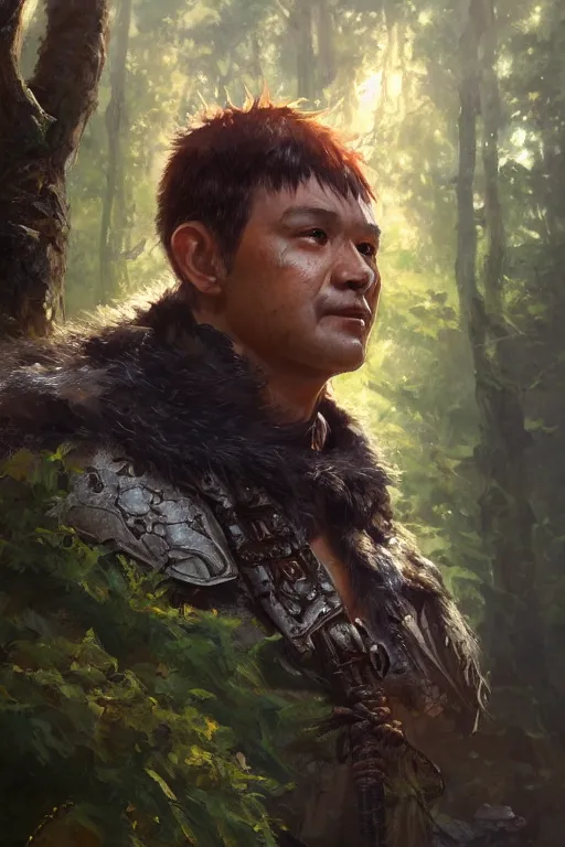 Prompt: dungeons and dragons warrior chief character closeup portrait, dramatic light, forest background, 2 0 0 mm focal length, painted by stanley lau, painted by greg rutkowski, painted by stanley artgerm, digital art, trending on artstation