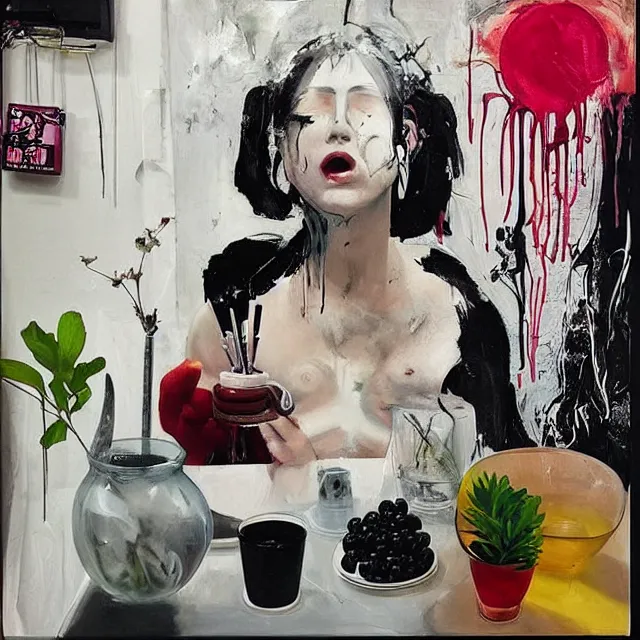 Image similar to “ a portrait in a female art student ’ s apartment, sensual, a pig theme, art supplies, paint tubes, ikebana, herbs, a candle dripping white wax, black walls, squashed berries, berry juice drips, acrylic and spray paint and oilstick on canvas, surrealism, neoexpressionism ”