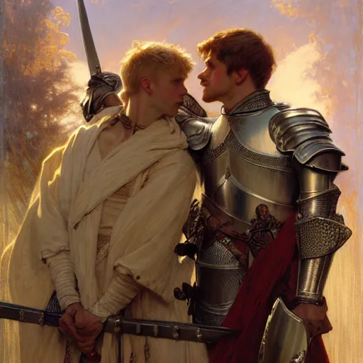 Image similar to attractive arthur pendragon and his attractive male knight, they are in love, natural lighting, path traced, highly detailed, high quality, digital painting, by gaston bussiere, craig mullins, alphonse mucha j. c. leyendecker