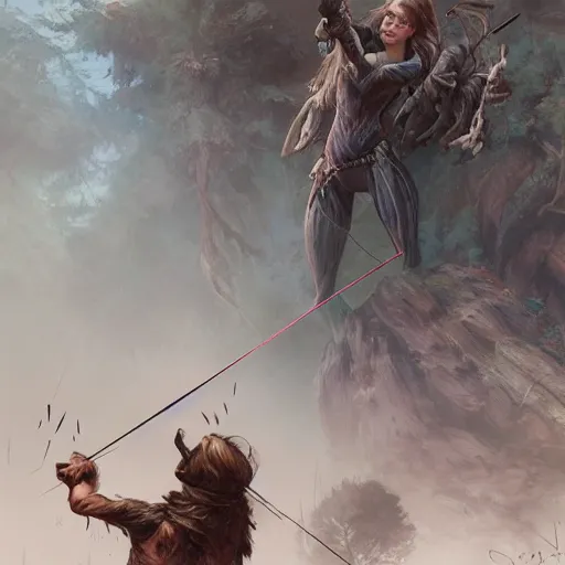 Image similar to portait of a emma watson archer shooting arrow at forest monster, front game card, drark, marvel comics, dark, intricate, highly detailed, smooth, artstation, digital illustration by ruan jia and mandy jurgens and artgerm and wayne barlowe and greg rutkowski and zdislav beksinski