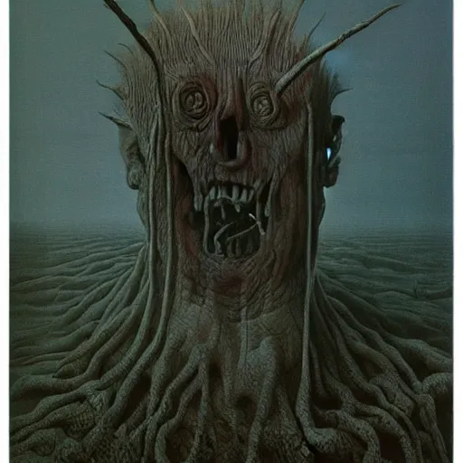 Prompt: Zdzisław Beksiński painting of a horrifying monster