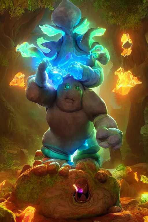 Image similar to arcane fantasy art giant golem elemental wood rock bastion forged gemstone enchanted forest troll, global illumination ray tracing hdr fanart arstation by sung choi and eric pfeiffer and gabriel garza and casper konefal lisa frank zbrush central hardmesh radiating a glowing aura