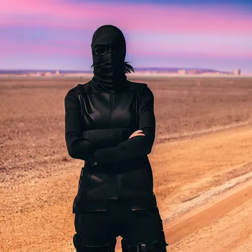 Image similar to photograph of a techwear woman, closeup, on a desert road with a futuristic city in the horizon, one point perspective, long exposure, sigma 85mm f/1.4, 4k, depth of field, high resolution, 4k, 8k, hd, full color