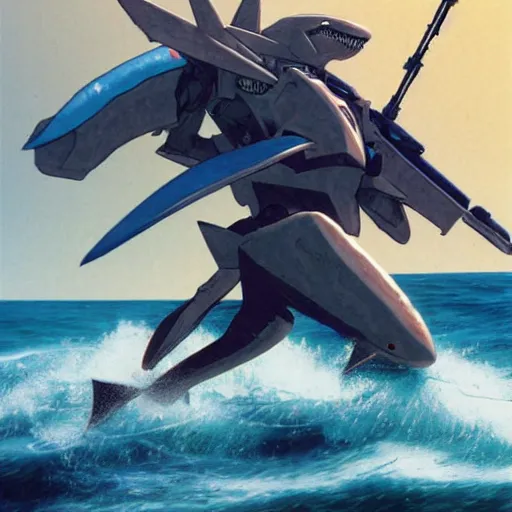 Image similar to shark gundam, amphibious combat mecha stepping onto a beach holding a scifi weapon by wayne barlowe, pascal blanche, gundam box art