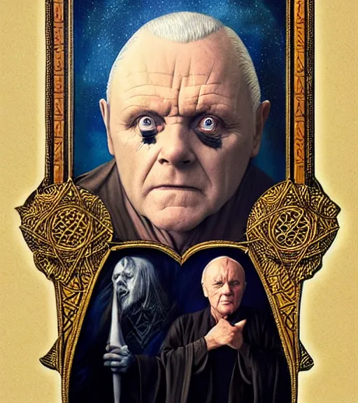 Prompt: A Magical Portrait of Anthony Hopkins as Aleister Crowley the Great Mage of Thelema, art by Tom Bagshaw and David Burroughs Mattingly