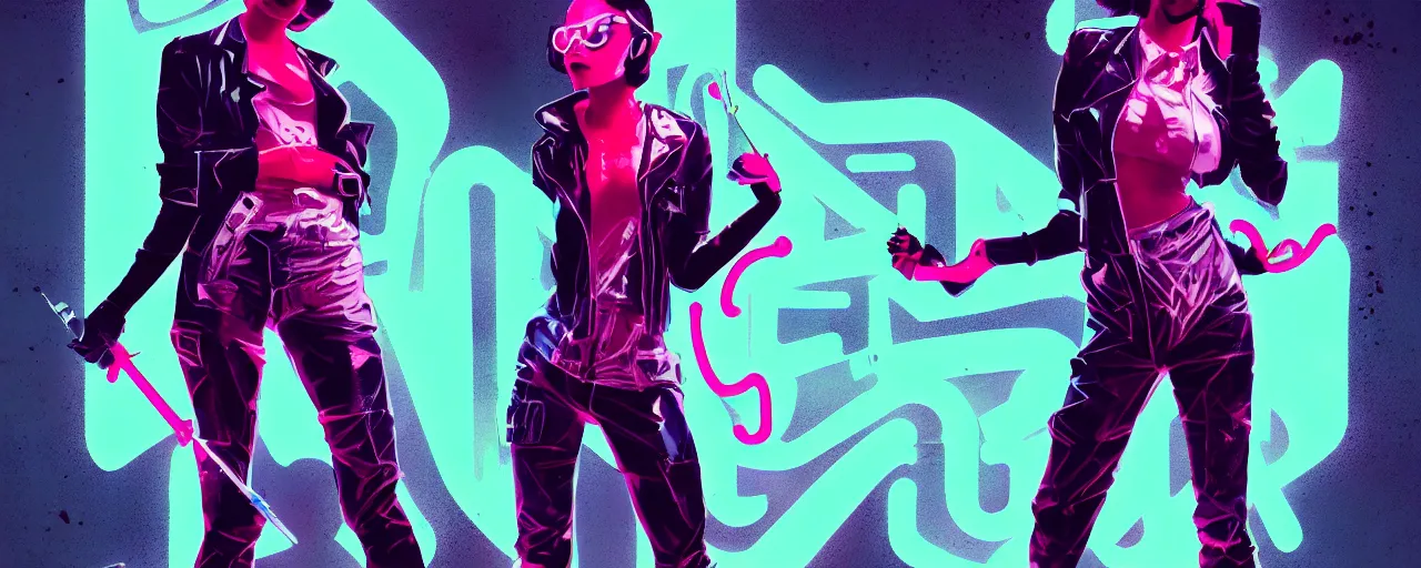 Prompt: duotone neon illustration 3 / 4 portrait of molly millions. badass woman with silver sunglasses eyes, claw blades in fingers, trinity matrix, dark tech noir volumetric lighting. dynamic composition. by sachin teng and sergey kolesov and ruan jia and heng z. graffiti art, scifi, fantasy, hyper detailed. octane render. concept art. trending on artstation