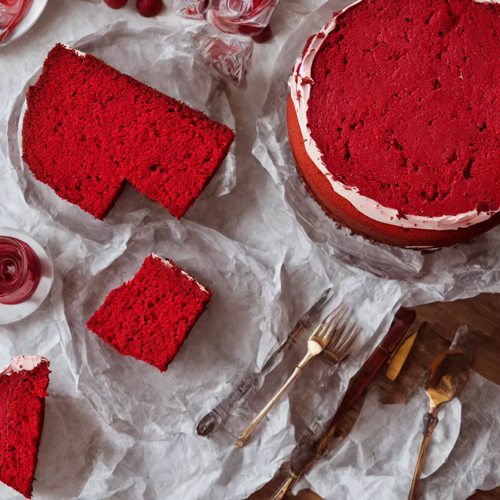 Image similar to close-up photo of a red colored cake on top of a table, 8k, high detail, photorealistic, proper shading