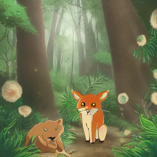 Image similar to wild animals with friendly boy in the night in the forest in ghibli style, smooth, anime 8k, detailed face, flowers, clean, detailed face, detailed animal,