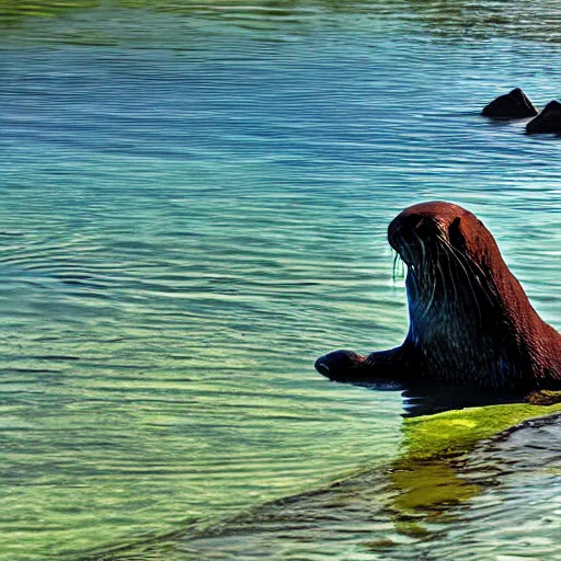 Image similar to One man swimming alongside a lone otter in the river. Award-winning, front view, daylight, photoreallrstic, 4k