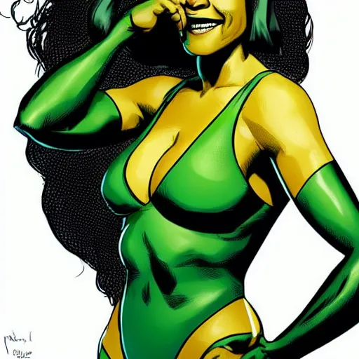 Image similar to Actress Zoe Saldana as She-Hulk, smiling, poster framed, comic pinup style, sports illustrated, detailed legs, artstation, illustration, posterized, Roge Antonio, Jen Bartel