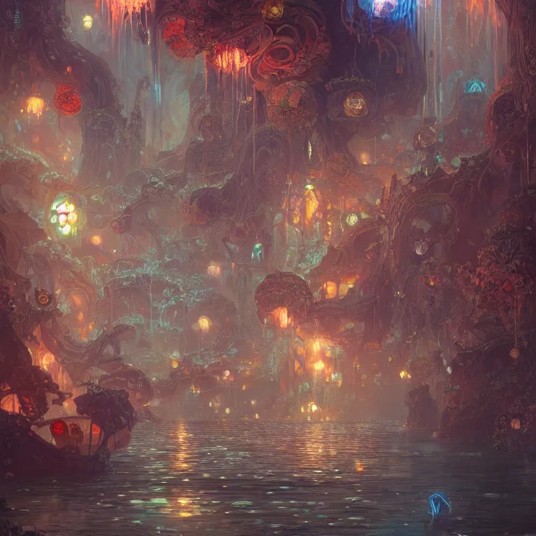 Image similar to a beautiful painting of the city of atlantis, with glowing lights, corals and jellyfish, intricate, elegant, highly detailed, digital painting, artstation, concept art, by krenz cushart and artem demura and alphonse mucha