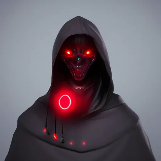 Image similar to A robotic character with red eyes, a dark hood and cloak, ominous, 8k, render