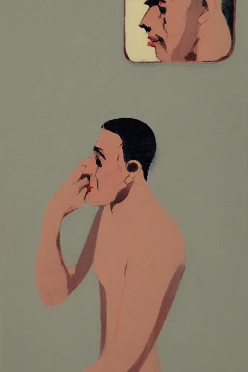 Image similar to man looking into a mirror, 1960’s minimalist advertising illustration, painterly, expressive brush strokes